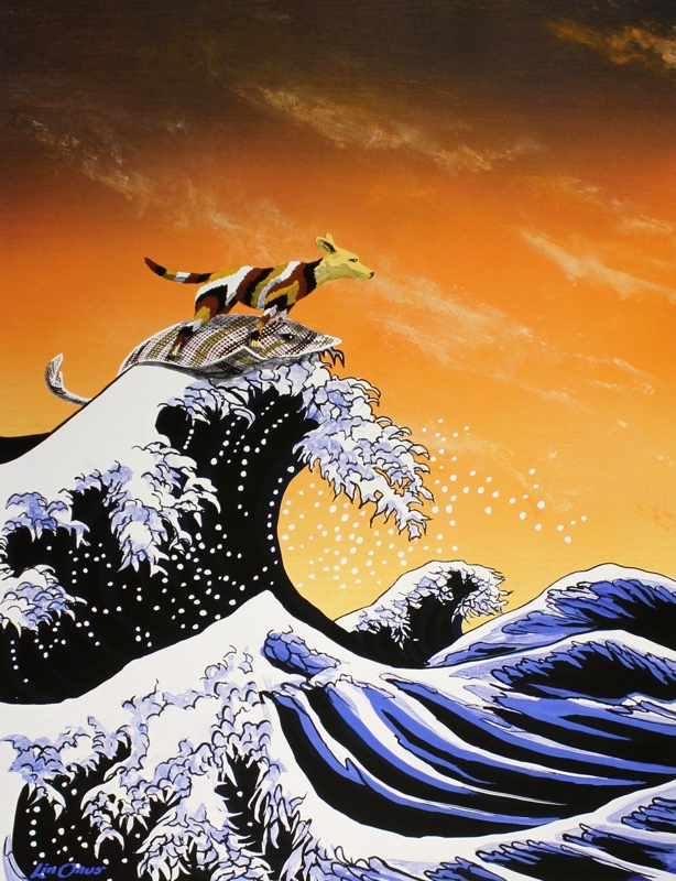 A painting of a dingo, coloured with red, white and black stripes, riding a stingray on a big wave in the ocean.