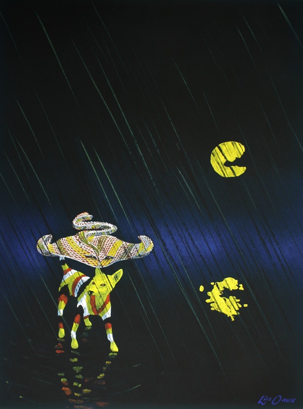 A painting of a dingo, coloured with red, white and black stripes, standing on a wet surface with a stringray in the rain at night-time, a yellow moon reflected in the water.