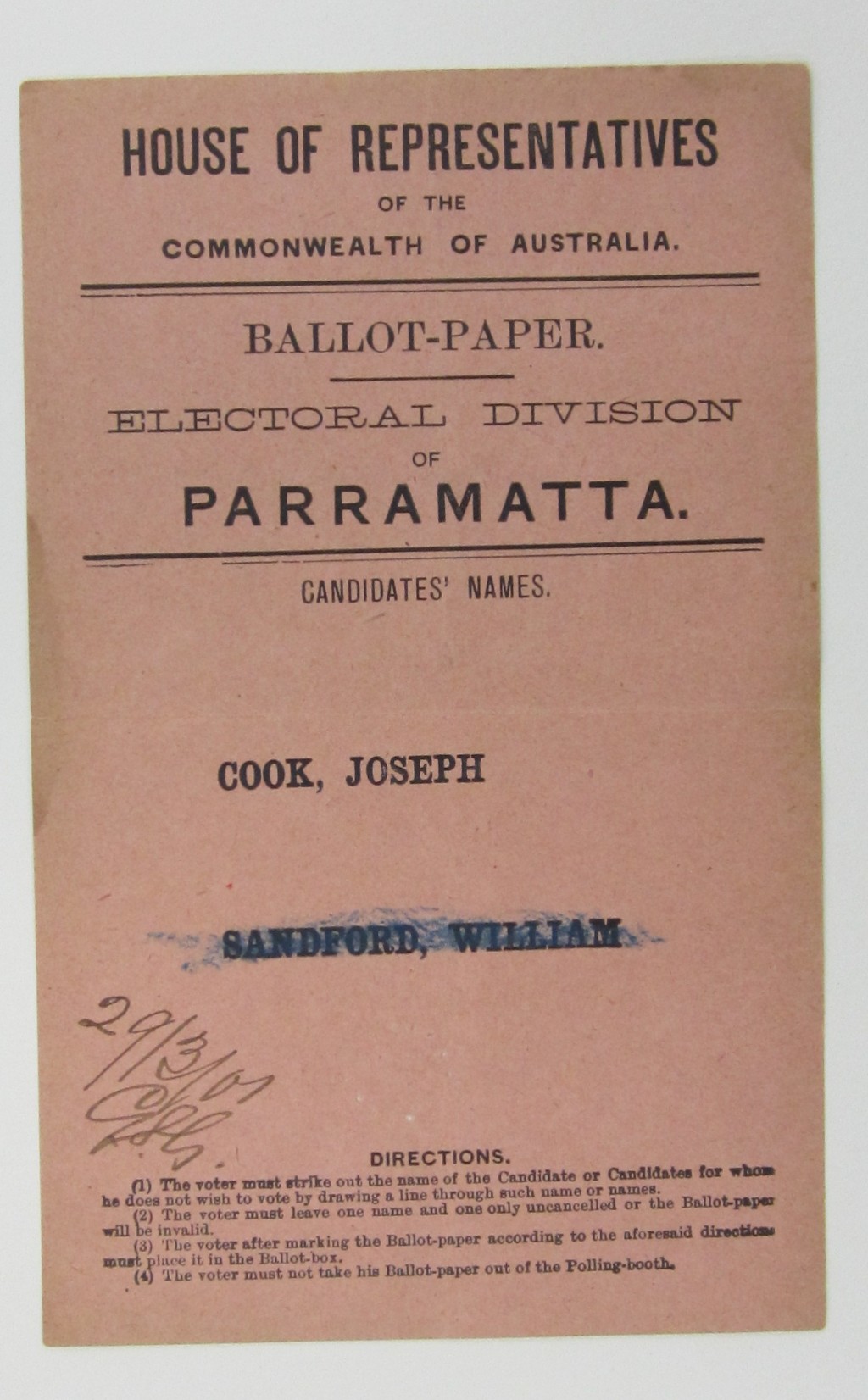 A House of Representatives ballot paper from 1901, printed on faded brown/pink paper, with the names of candidates 'Cook, Joseph' and 'Sandford, William', the latter name crossed out in pencil.