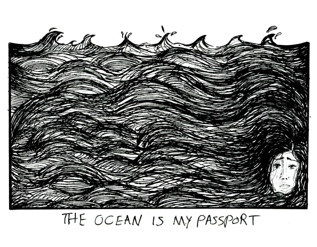 A hand-drawn illustration showing a face surrounded by water and waves, with the title 'The ocean in my passport'.