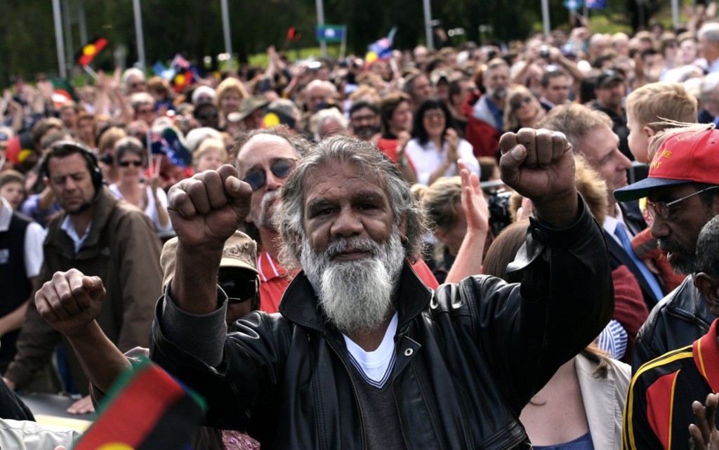 Reg Edwards watched Kevin Rudd’s Apology on screens on Federation Mall, outside Parliament House, on 13 February 2008.