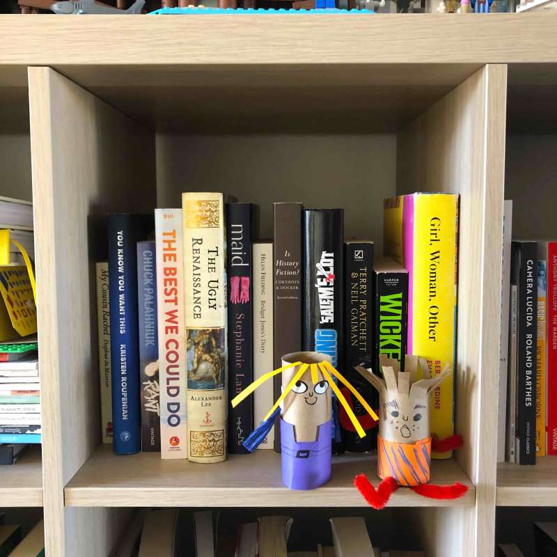 Two puppets made out of toilet rolls sit on a bookshelf. 