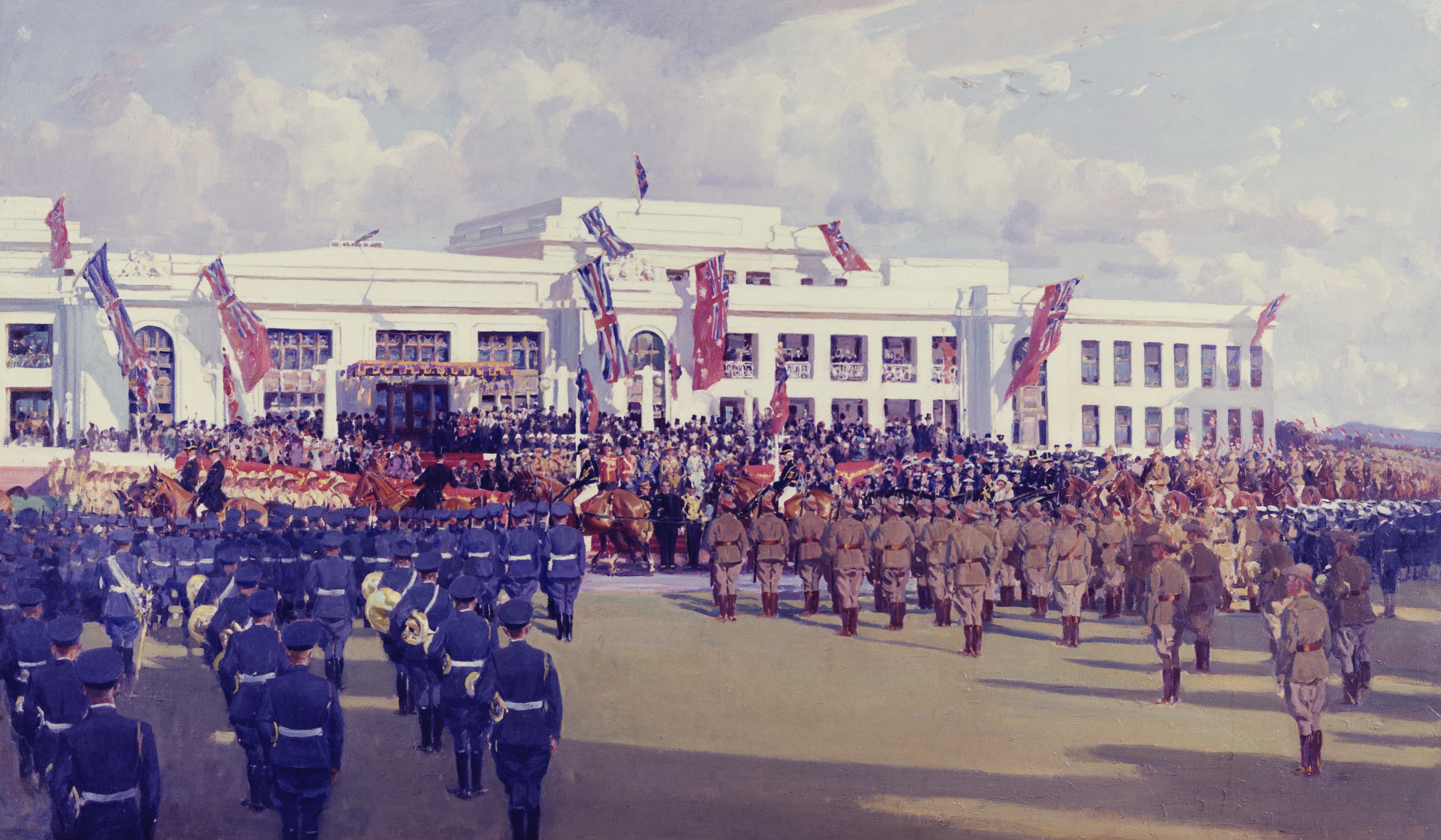 An oil painting of a Old Parliament House - a large white building - with a large number of soldiers in front with flags performing a ceremony.