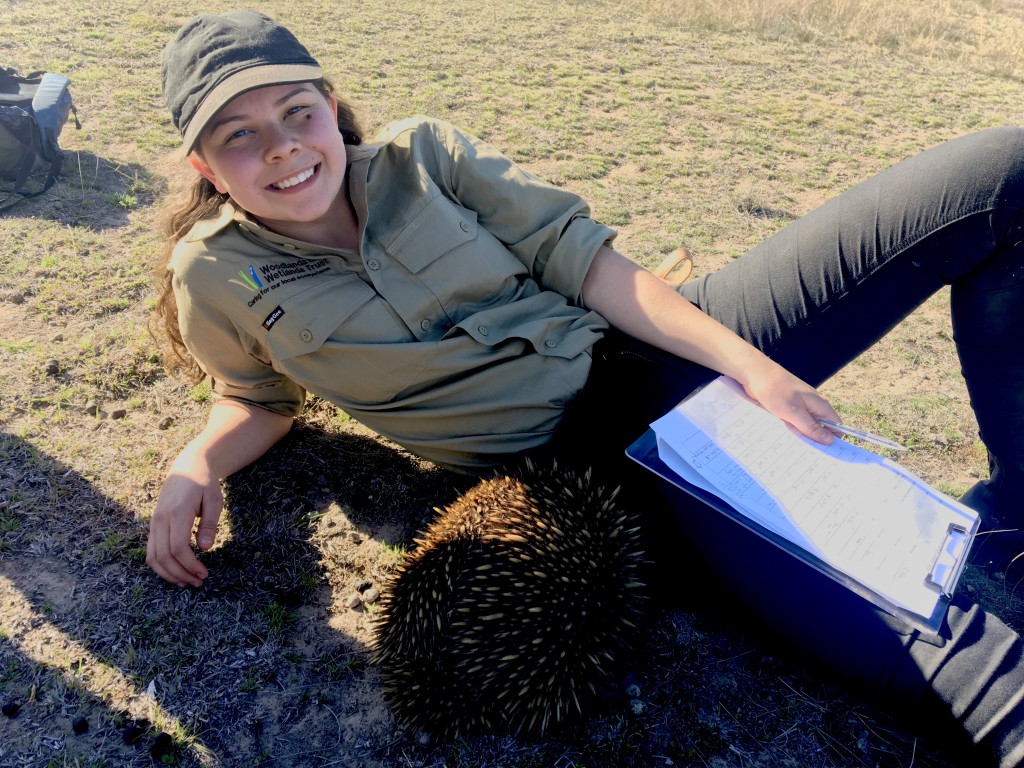 Dhani Gilbert lies on the ground, looking at the camera, with an echidna close to her