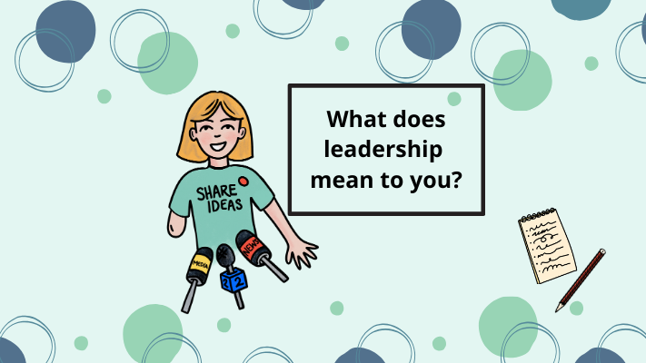 A one-armed person with shoulder-length fair hair, standing in front of three microphones, with the words 'What does leadership mean to you?' in a square. A one-armed person with shoulder-length fair hair, standing in front of three microphones, with the words 'What does leadership mean to you?' in a square.