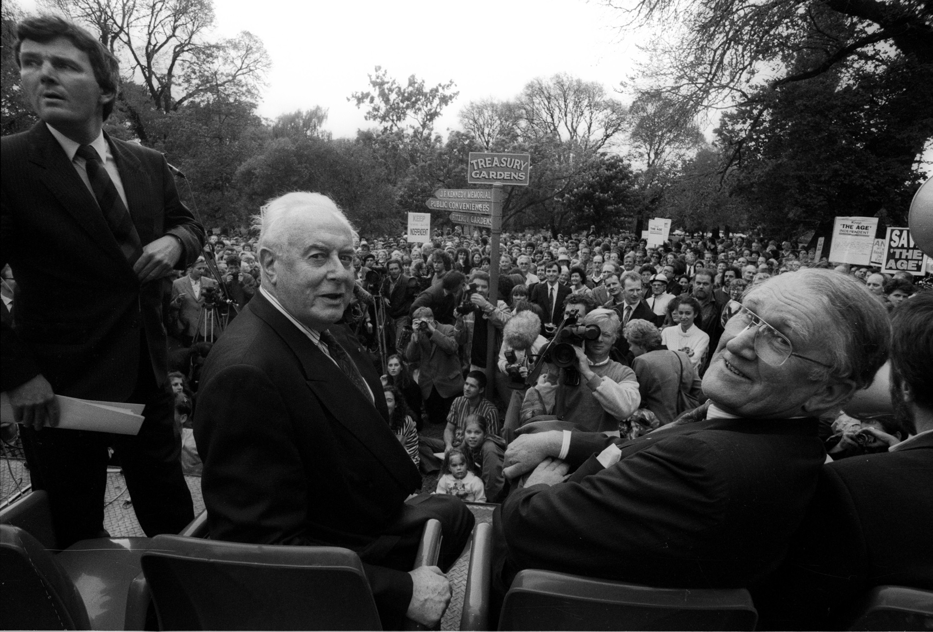 Whitlam and Fraser photographed at a rally in support of the free media.