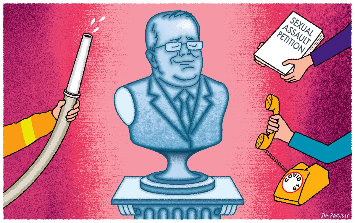 A bust of Scott Morrison. A 'Sexual assault petition' book, COVID-19 phone, and a hose are all trying to be handed to him.