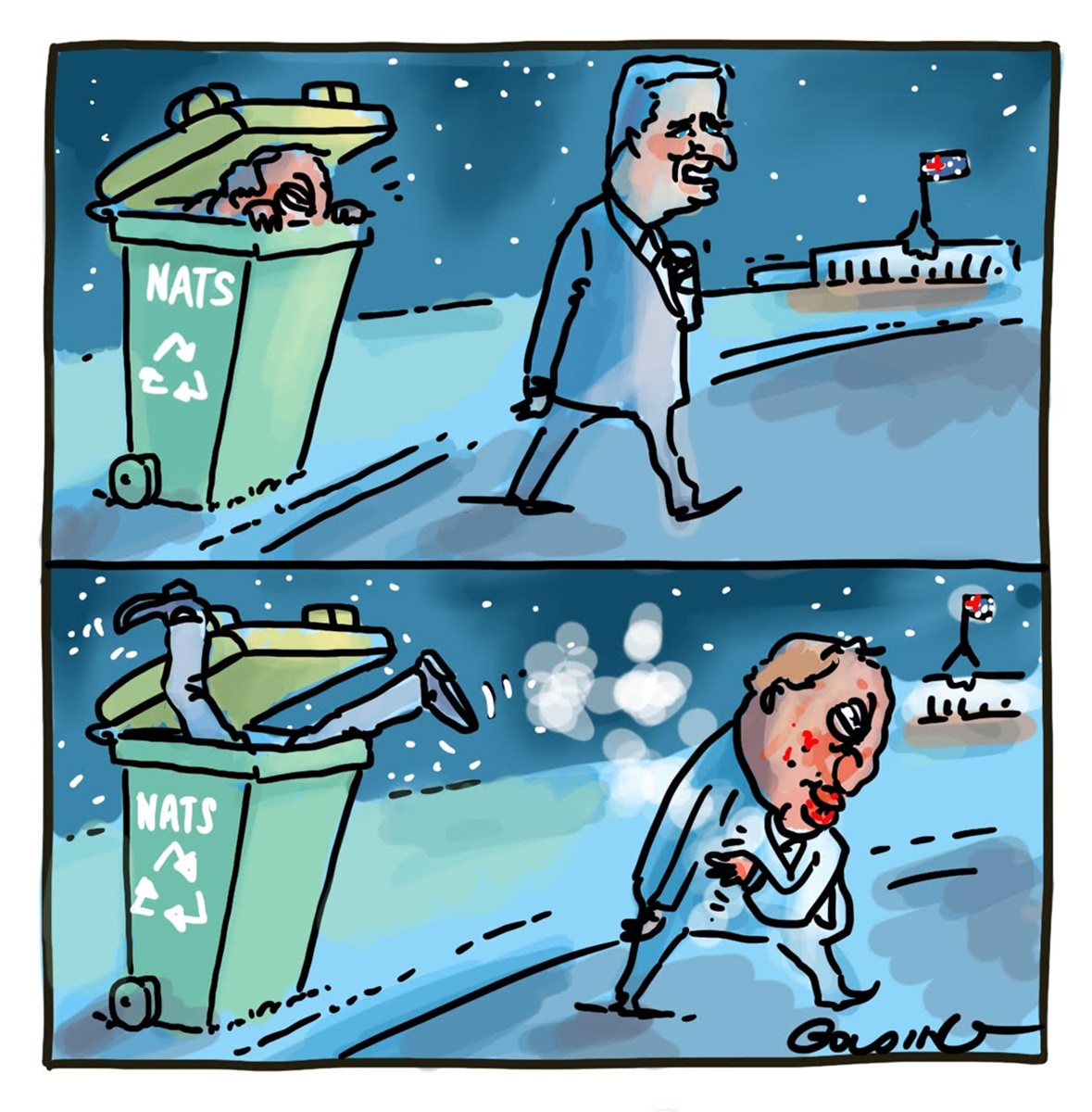 Two panels. First panel Michael McCormack walks away from Barnaby Joyce who is in a 'NATS' recycling bin. The second slide the roles are reversed. Parliament House is in the background.