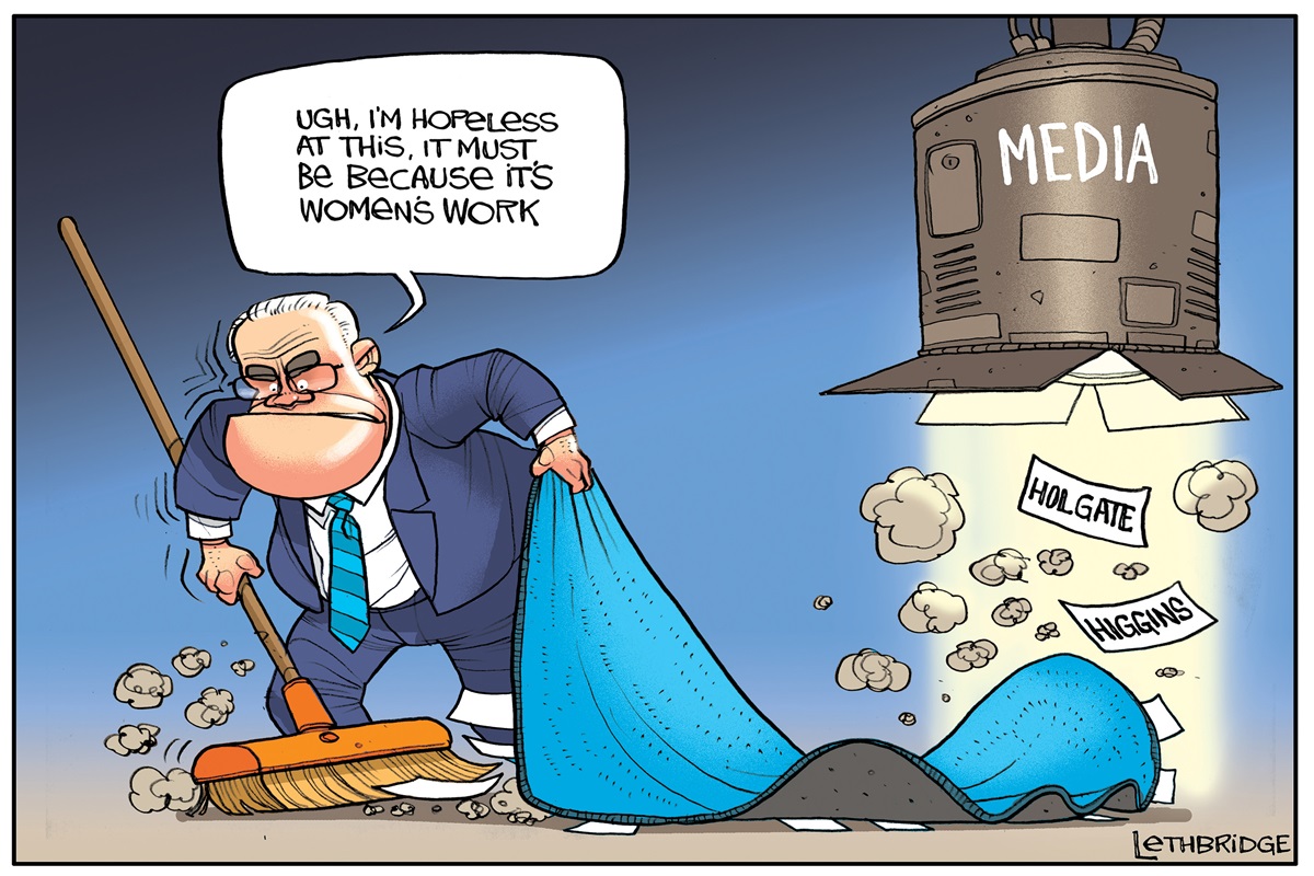 As Scott Morrison sweeps women's names under a rug he says, 'Ugh, I'm hopeless at this, it must be because it's women's work'. A 'Media' vacuum is a vacuuming up the names under the rug, including 'Holgate' and 'Higgins'.