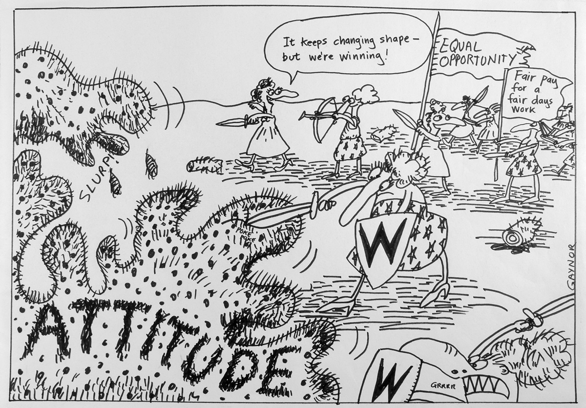 An army of women fight a monster called 'Attitude'. One of them comments, 'It keeps changing shape – but we're winning!'