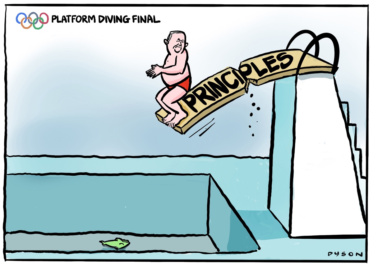 Anthony Albanese is on a diving board called 'Principles' which has almost broken. The pool below is empty with a dead fish at the bottom. Next to Olympic rings is the text, 'Platform diving final'.