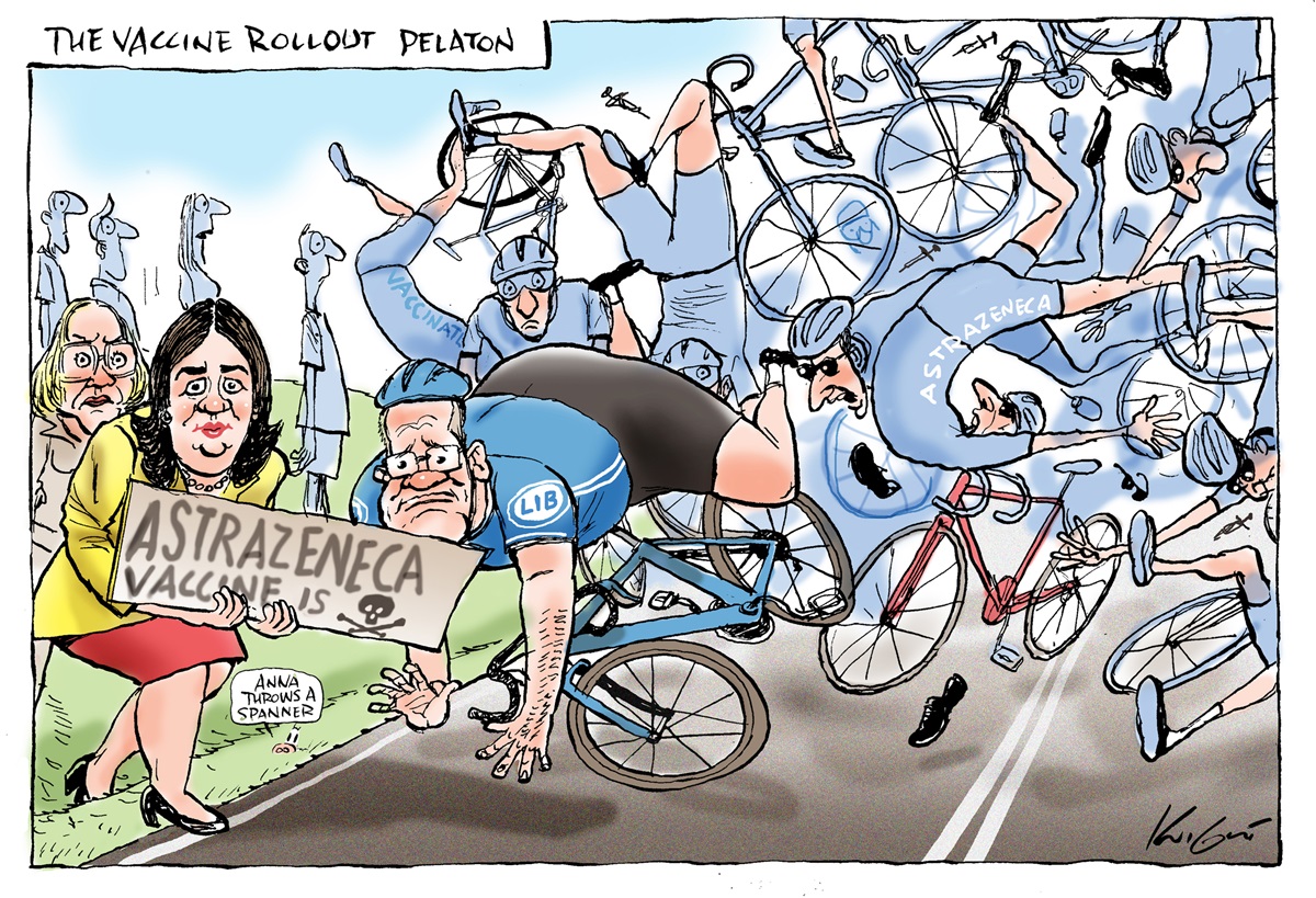 Scott Morrison and others fall off bikes. Annastacia Palaszczuk holds a sign that says, 'AstraZeneca vaccine is [death symbol]'. Text reads: 'The vaccine rollout pelaton'.