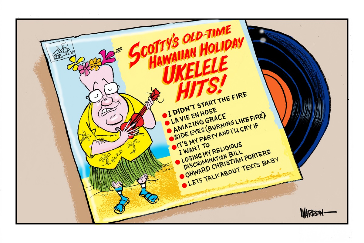 Record titled 'Scotty's old-time Hawaiian Holiday Ukelele Hits!' Scott Morrison is on the cover dressed in island attire holding a ukelele. 