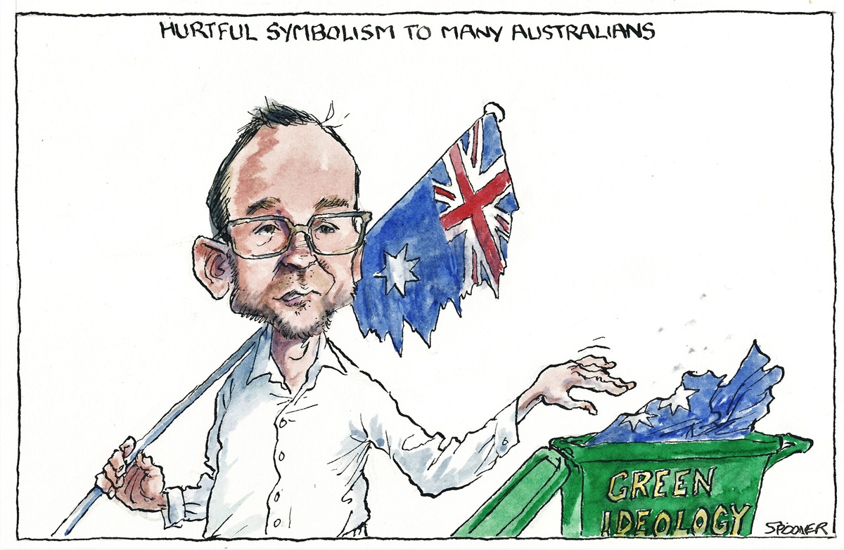 Caricature of Greens leader Adam Bandt carrying the Australian flag over his shoulder. It is ripped in half. He is discarding the other half into a bin labelled 'Green Ideology'.