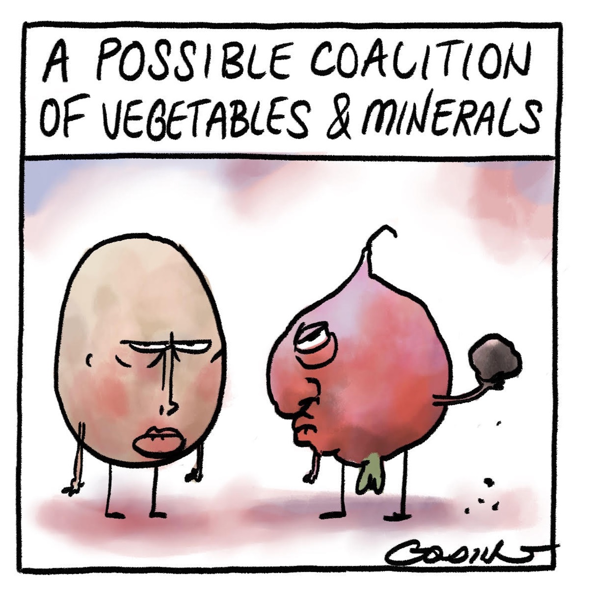 Text at the top: 'A possible coalition of vegetables and minerals'. Peter Dutton is on the left, as a potato. Barnaby Joyce is on the right, as a radish, holding a black substance.