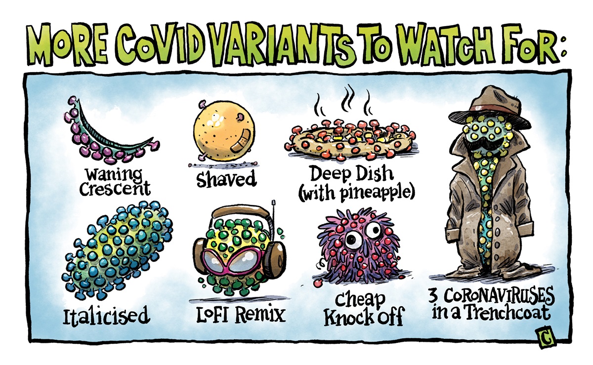 Multiple 'variants' of COVID-19 are depicted as other things, for example 'Deep Dish' pizza. Text above reads 'More COVID variants to watch for'.