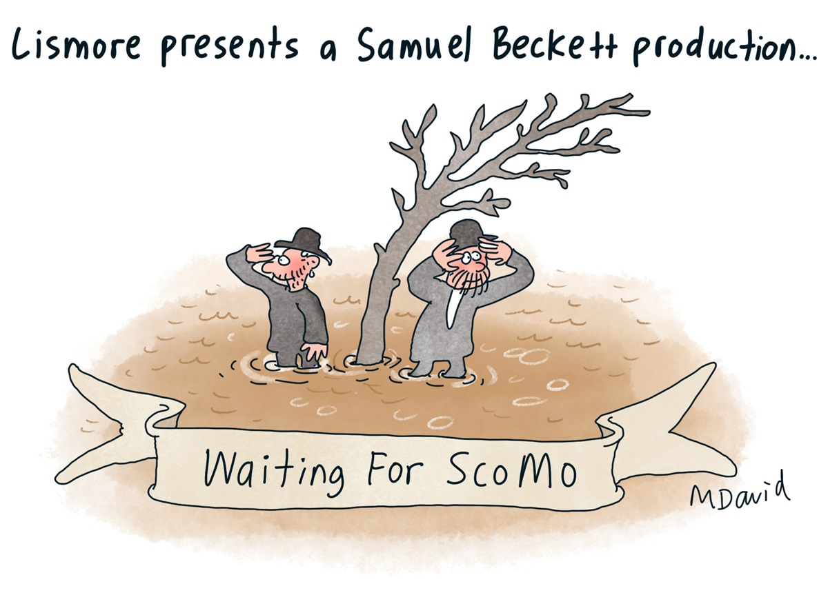 Two men flank a tree standing in floodwater. They are looking around. Text above reads 'Lismore presents a Samuel Beckett production'. Text below reads 'Waiting for ScoMo'.