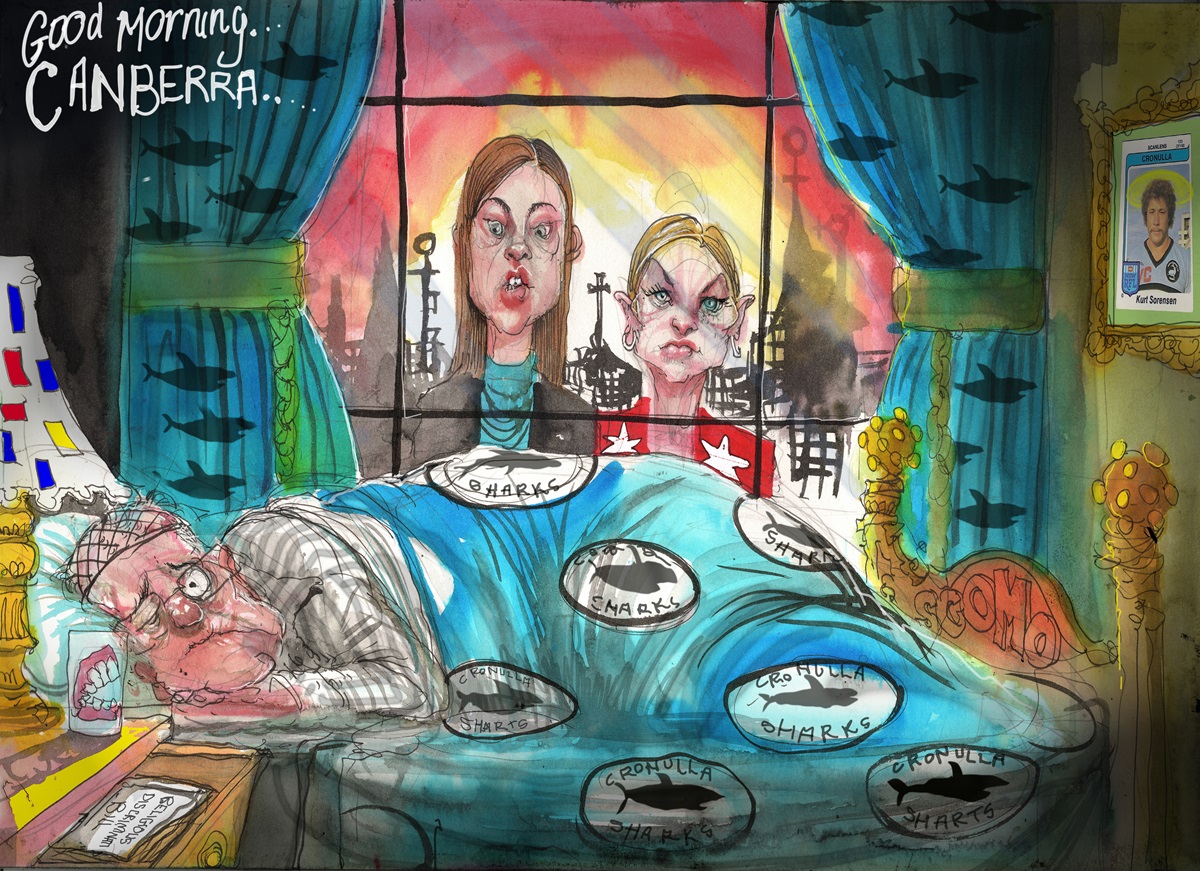 Scott Morrison lies awake in a Cronulla Sharks-themed room. Brittany Higgins and Grace Tame look in through the window. Outside, the sun is rising, with the gender symbol for women visible. 