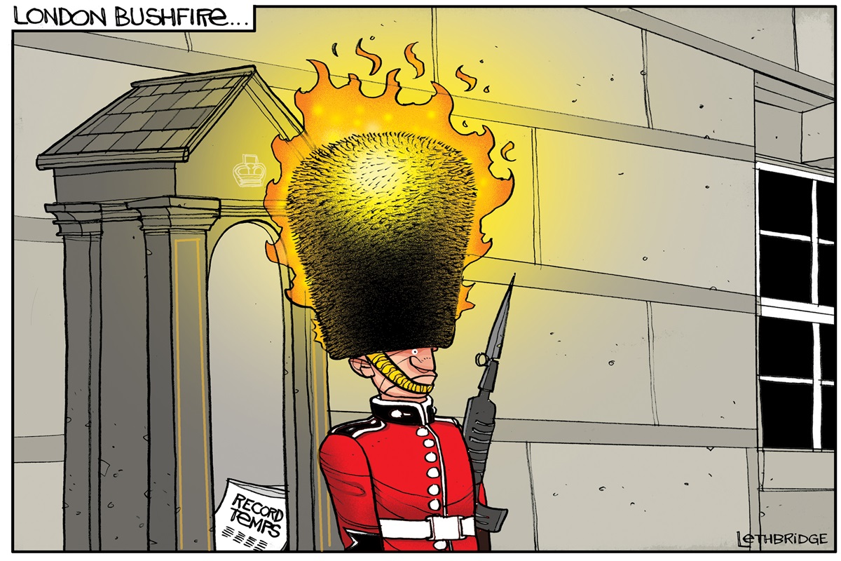 A Buckingham Palace Guard's hat is on fire. Newspaper inside the sentry post is titled 'Record Temps'.