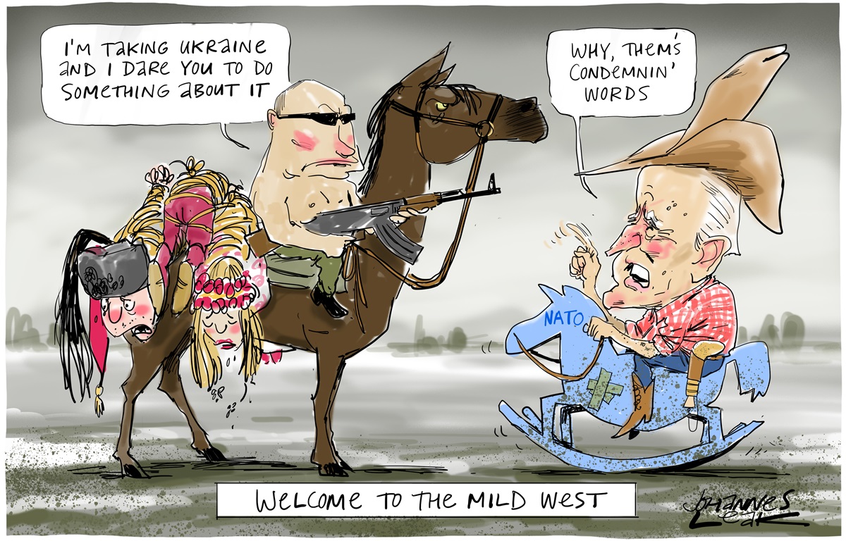 Vladimir Putin on a horse with trussed up bodies on the back. He carries a gun and dares Joe Biden to 'do something about it'. Biden is on a NATO rocking horse saying, 'Why, them's condemnin' words'. Text reads 'Welcome to the Mild West'.