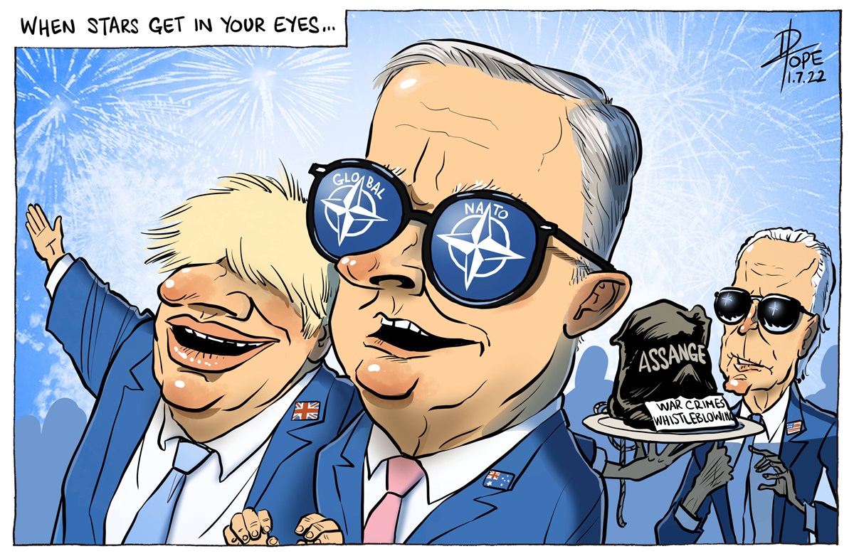 Anthony Albanese is flanked by Boris Johnson and Joe Biden. Albanese wears glasses with a NATO logo on each lens. Biden holds a platter with a black bag with 'Assange' on it. 