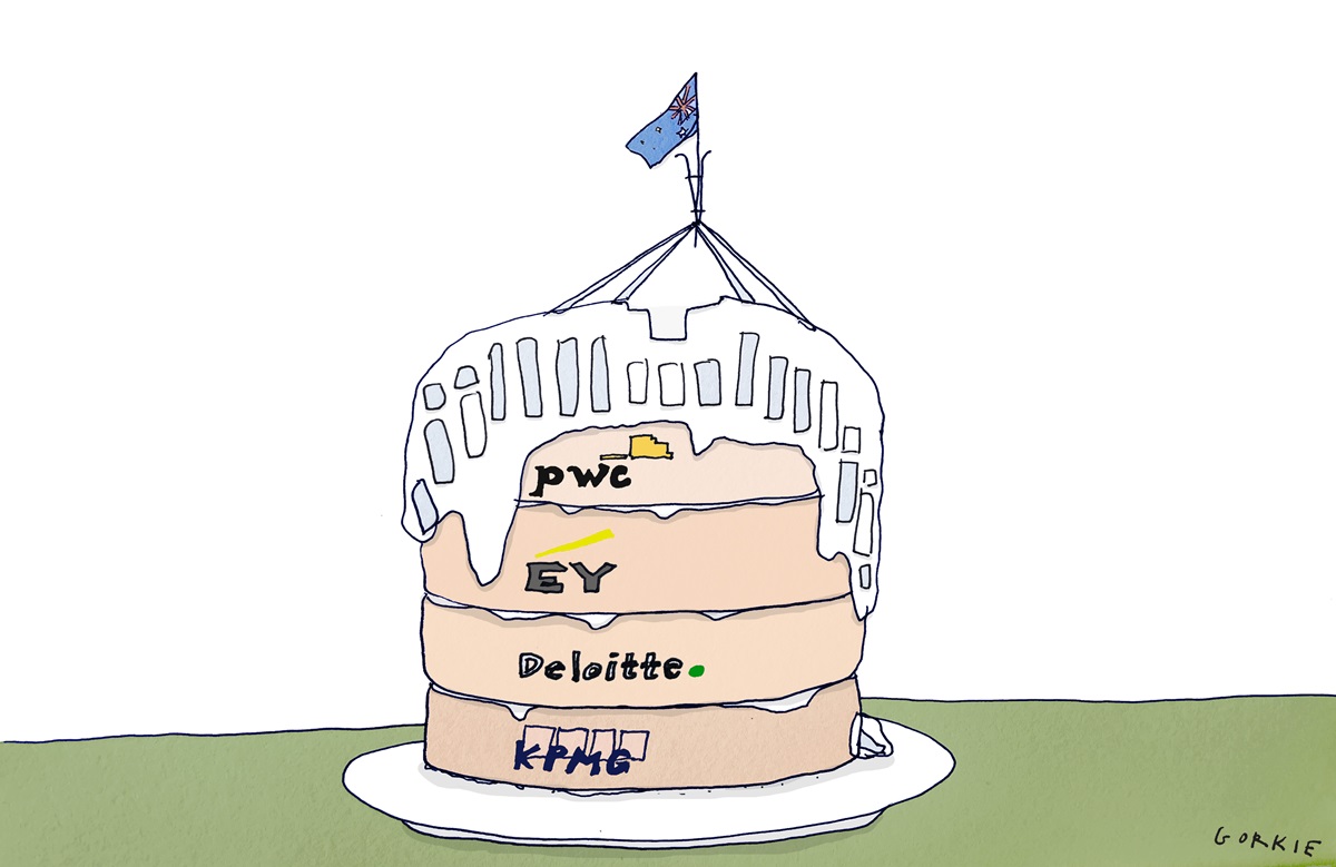 A cake with four layers labelled PwC, EY, Deloitte and KPMG, with icing in the shape of Australian Parliament House.