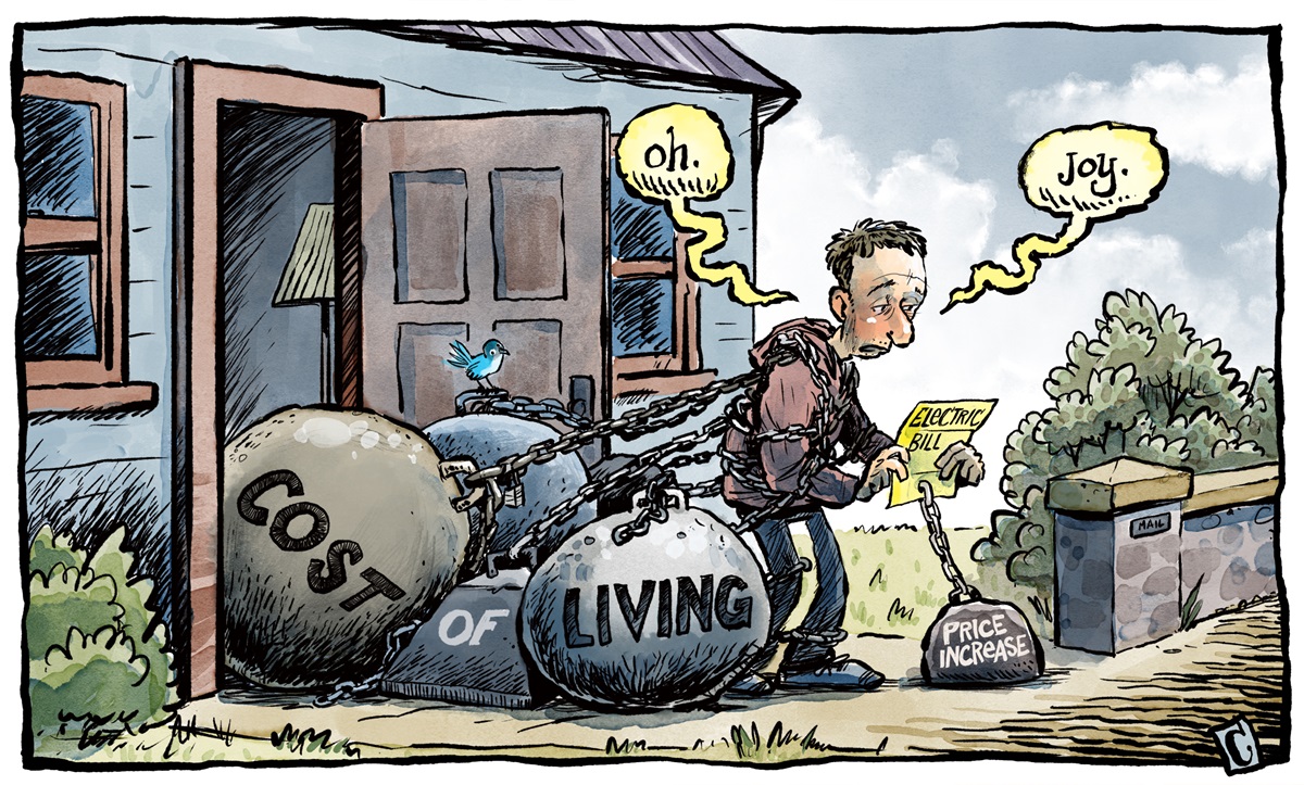 A man chained to giant 'Cost of living' weights receives an increased electricity bill. He says 'Oh. Joy.' A bluebird sits on one of the chains.