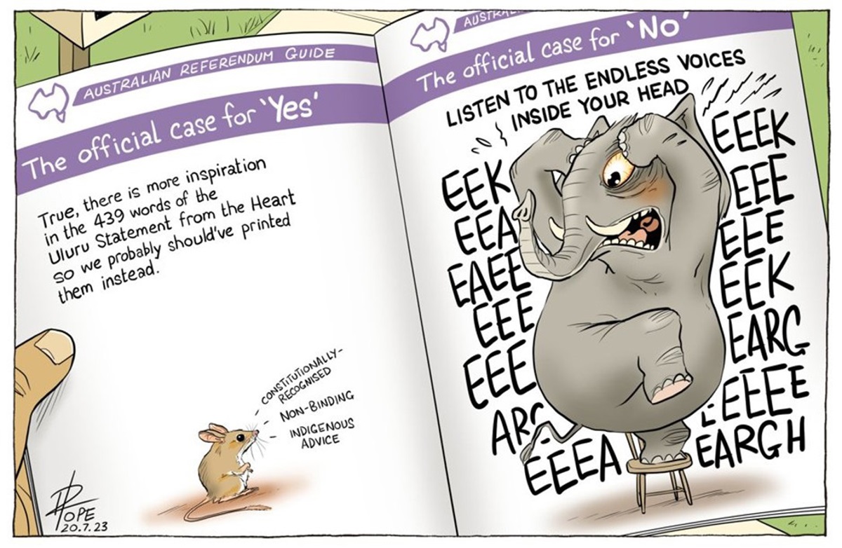 An 'Australian referendum guide' booklet shows a mouse stating the case for a 'Yes' vote on one page, and an elephant on a chair in distress for the 'No' vote on the opposite page.