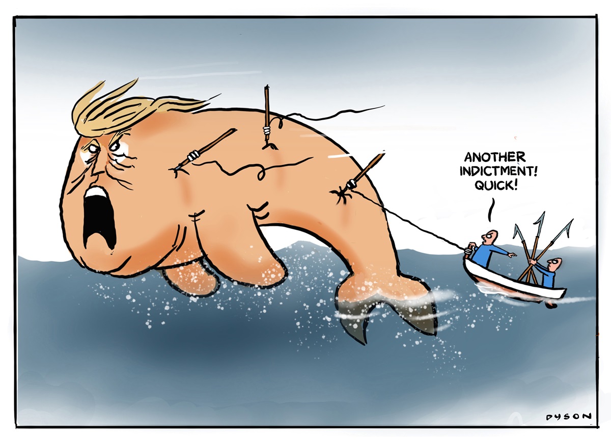 Two people in a boat harpoon a giant sea-creature with Donald Trump's face. One says to the other, 'Another indictment! Quick!'