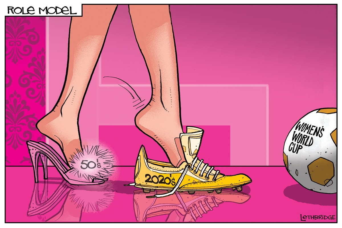 A pair of legs, one foot stepping out of a pair of pink high-heel shoes marked '50s' and into a yellow football boot marked '2020s'. In front of the boot is a 'Women's World Cup' football.