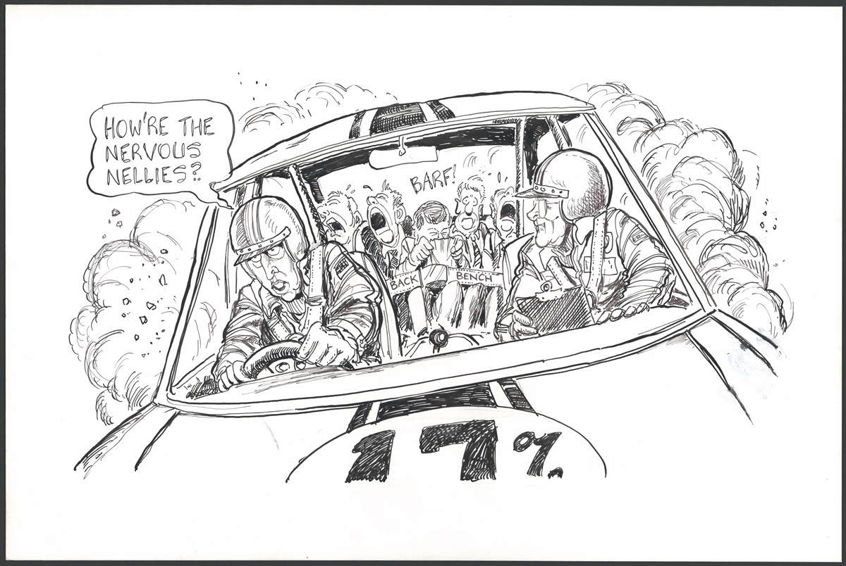 Paul Keating drives a racecar with 17% on the bonnet, asking 'How're the nervous nellies?' referring to the 'back benchers' looking distressed on the back seat.