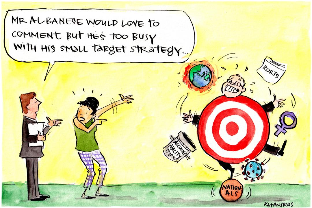 A woman points to a target in the centre of a man, who is juggling issues like 'rorts'. A man in a suit says, 'Mr Albanese would love to comment but he's too busy with his small target strategy'.