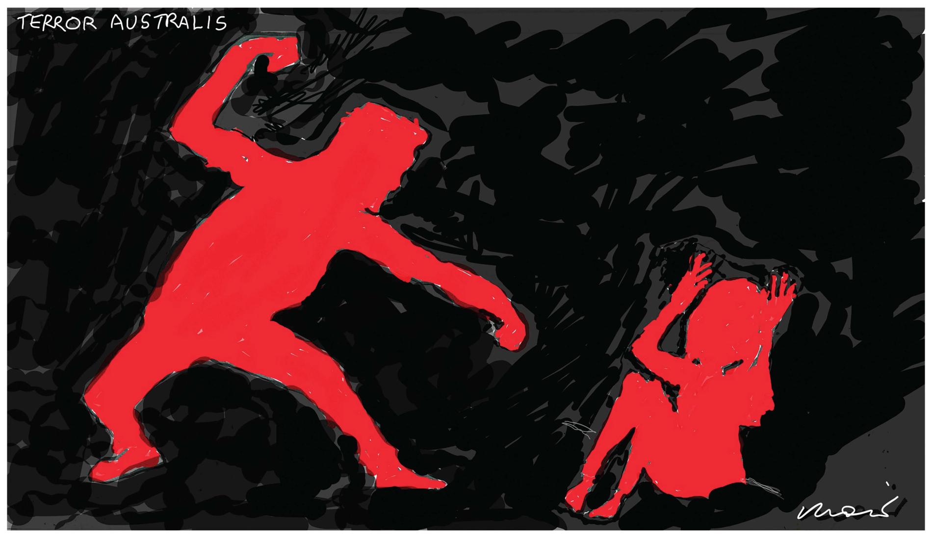 Text reads, 'Terror Australis.' Against a black and grey scrawl, a red silhouetted person raises their fist over a cowering red silhouetted person. 