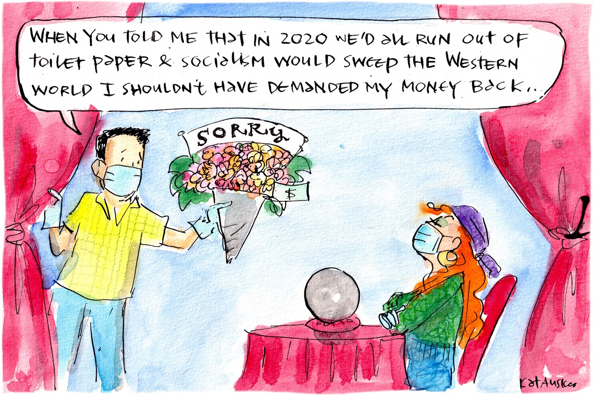 A man wearing a face mask holds a bunch of 'sorry' flowers out to a mask-wearing fortune teller. The fortune teller sits at a table in front of a crystal ball.