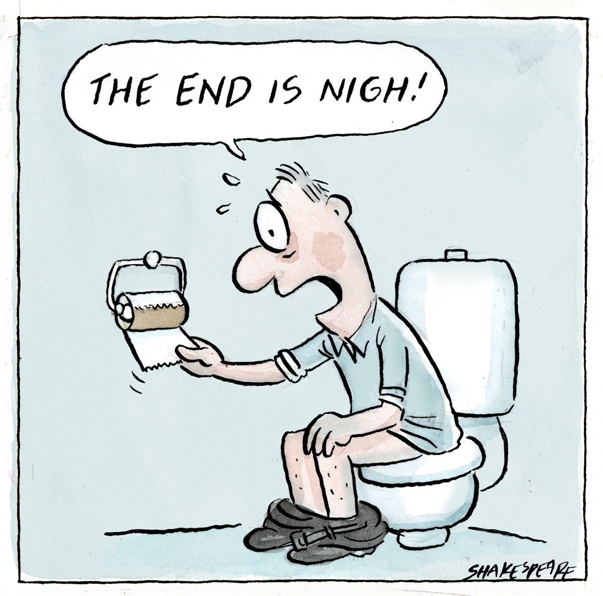 A man sits on the toilet pulling the last piece of toilet paper off the roll. He says, 'The end is nigh!'