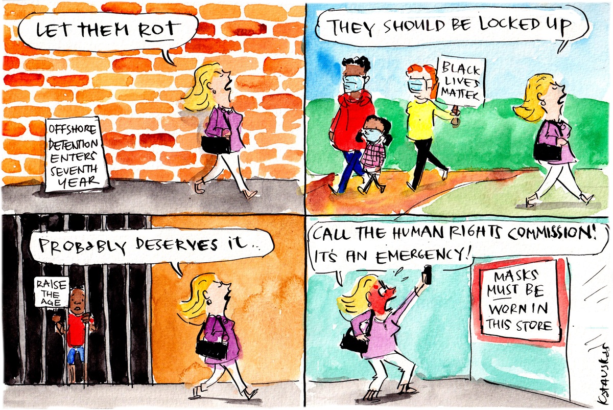 Four panels. Three panels: a woman walks past societal issues not caring. Last panel: the woman is furious about a compulsory mask-wearing sign outside the store she is about to enter. 