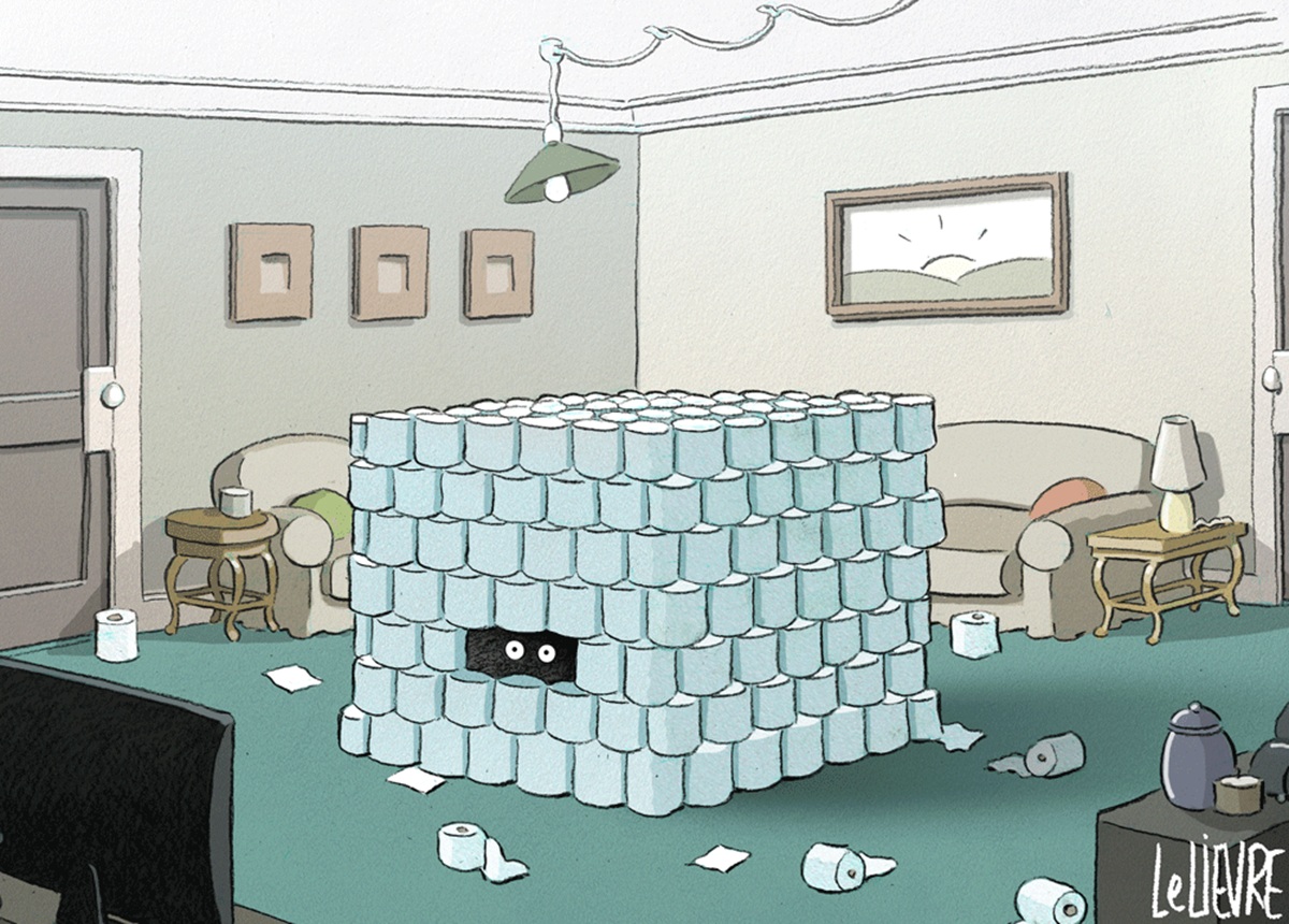 A person peers out from a hole in a fort made of toilet paper. The toilet paper fort is set up in the living room.