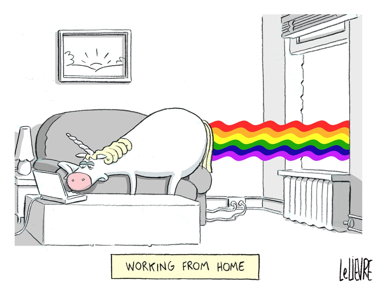 A unicorn lies slumped on a couch with rainbows flying out a window from it. The unicorn looks glumly at a computer screen. The rest of the cartoon is black and white.