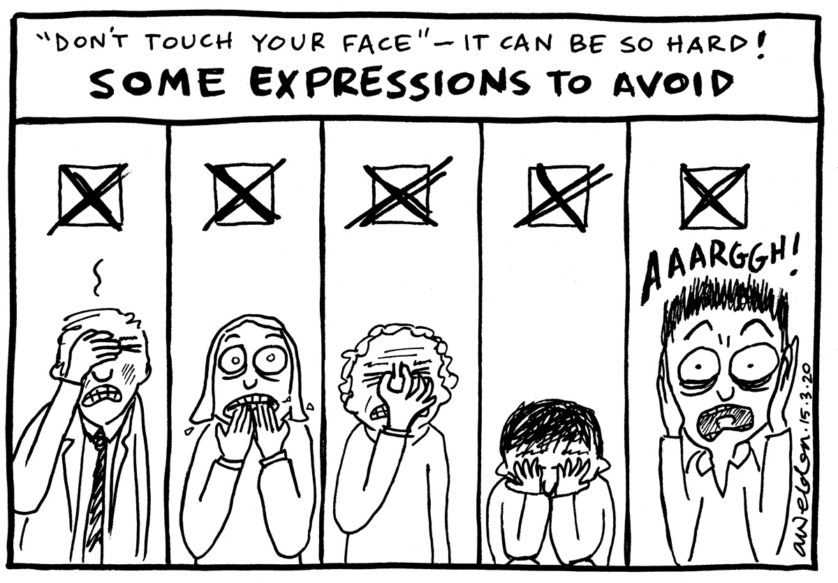 Five people touch their faces in different ways. Each person has a cross in a box above them. Text reads: 'Some expressions to avoid'.