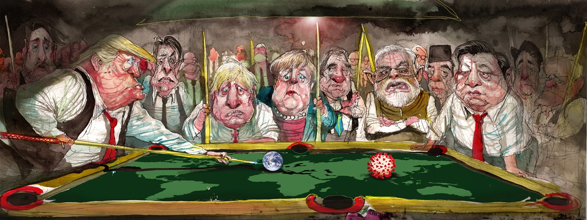 World leaders stand around a crowded pool table. Donald Trump hits a cue ball which is Earth. The other ball on the table is COVID. 