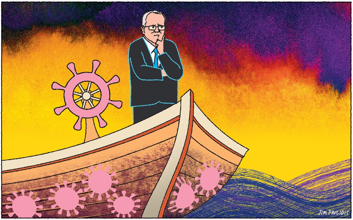 Scott Morrison on a boat looks out on the sea. There are fires behind him. Pink splotches of COVID are painted on the boat. 