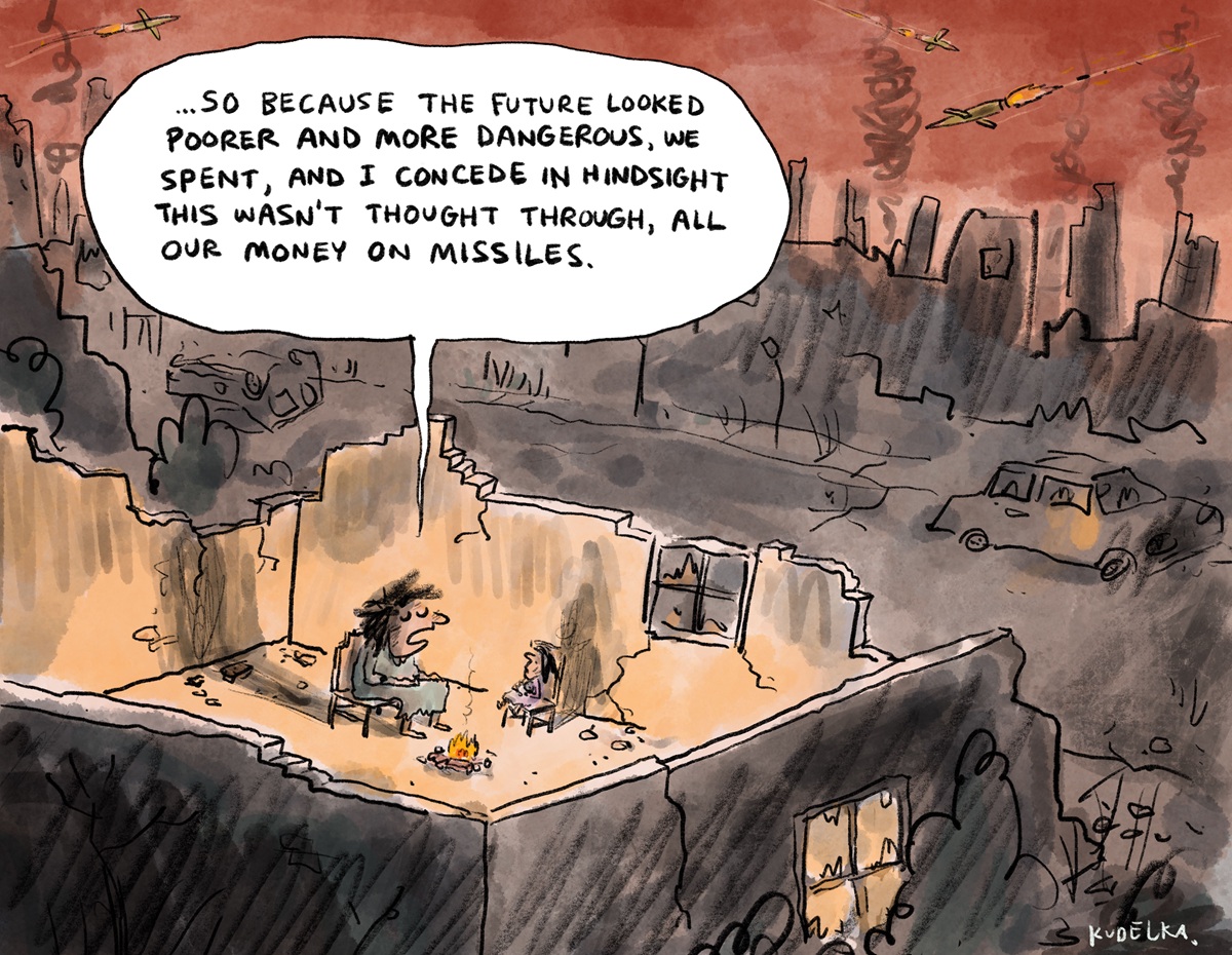 A parent says to a child in a bombed out room surrounded by war, 'So because the future looked poorer and more dangerous, we spent, and I concede in hindsight this wasn't thought through, all our money on missiles.'