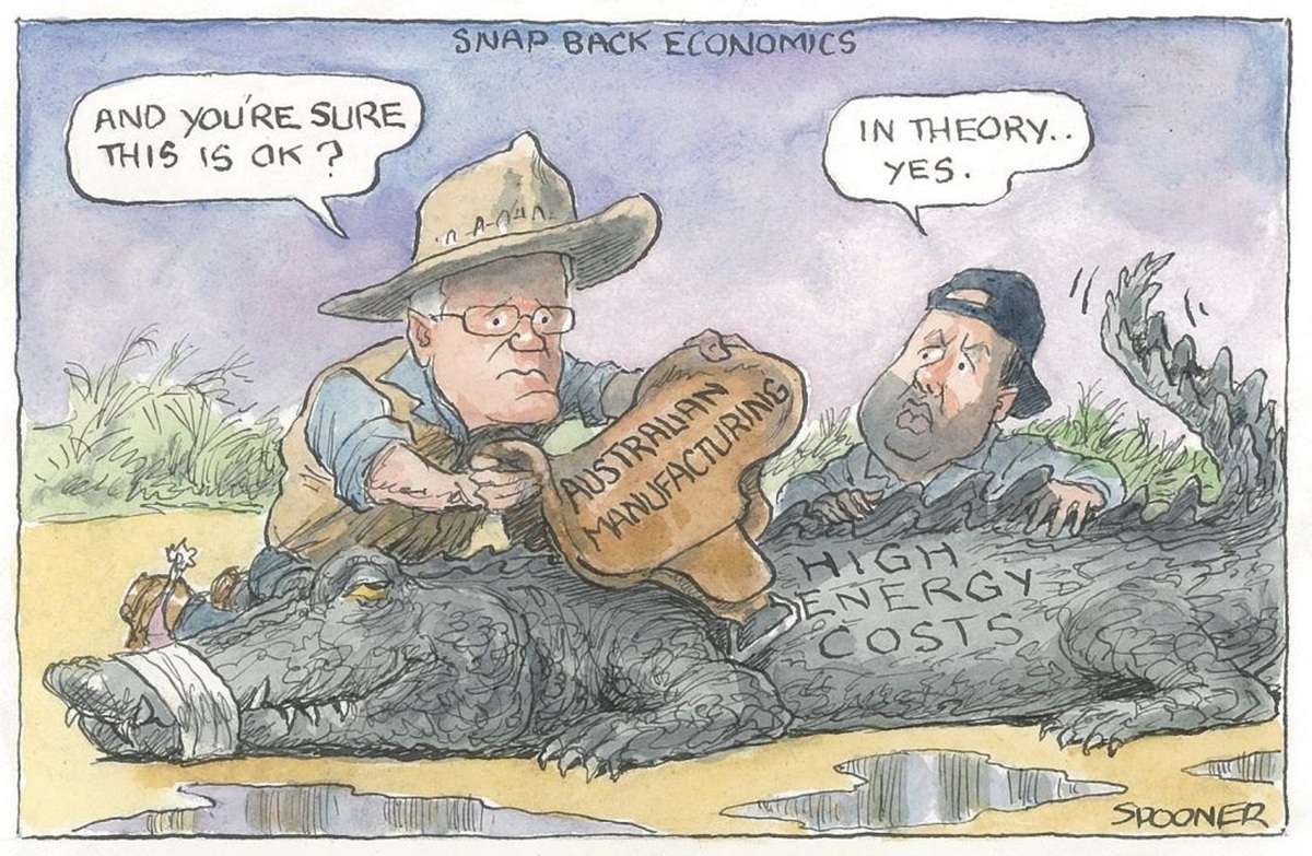 Scott Morrison puts an 'Australian manufacturing' saddle on a 'High energy costs' crocodile. Morrison says to Josh Frydenberg, who sits beside him, 'And you're sure this is ok?' Frydenberg says, 'In theory... yes'.