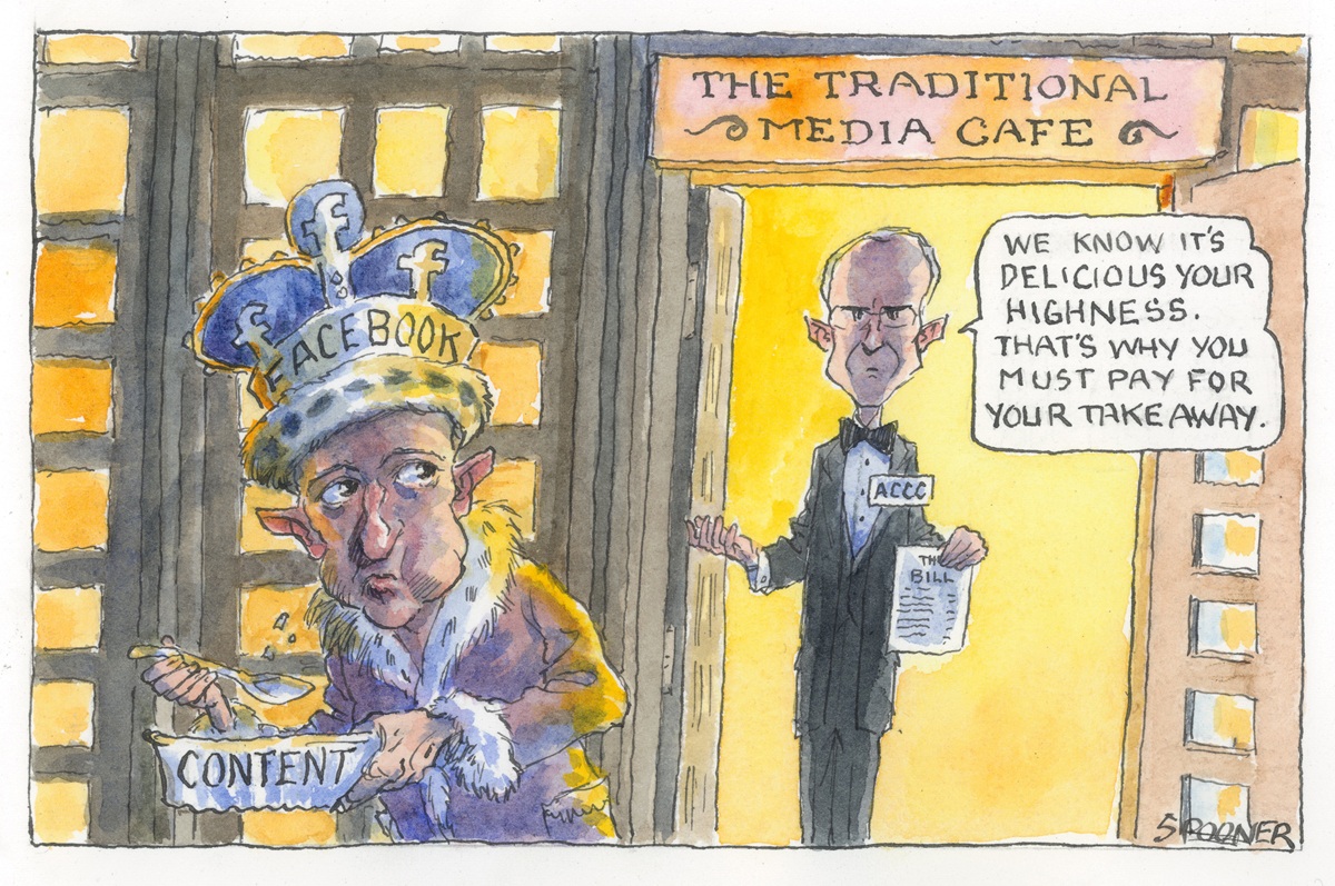 A butler called 'ACCC' at the 'Traditional media cafe' says to a king-like Mark Zuckerberg holding a 'content' bowl, 'We know it's delicious... that's why you must pay for your takeaway'. 