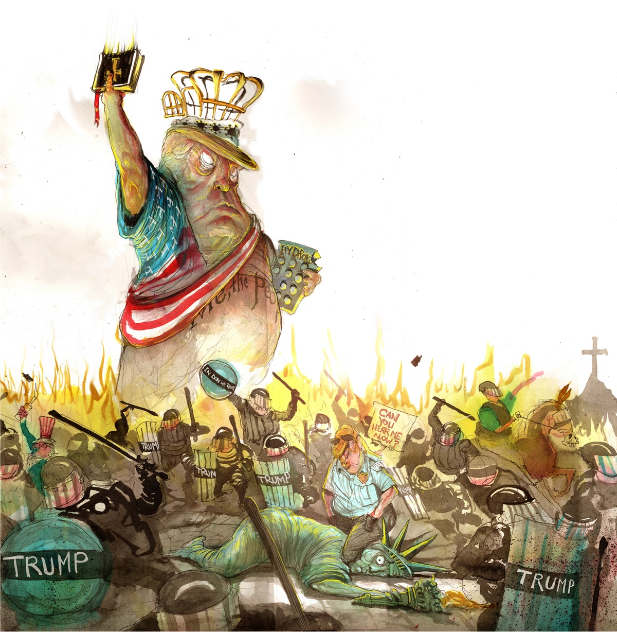 Donald Trump wears a crown and holds a bible as he walks through a violent protest. He is much larger than everyone else. 