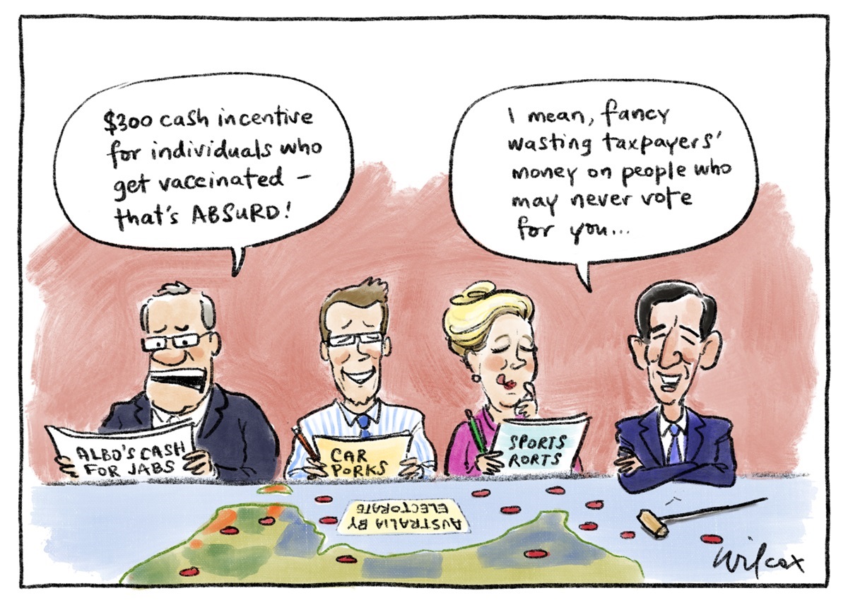 Four people in suits sit in front of a map of Australia labelled, 'Australia by electorate'. They discuss paying people to get vaccinated against COVID.