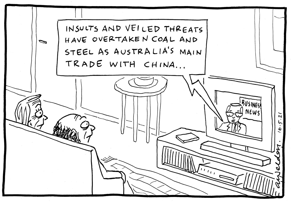 Two people sit on a couch watching TV. The business news anchor says, 'Insults and veiled threats have overtaken coal and steel as Australia's main trade with China'.