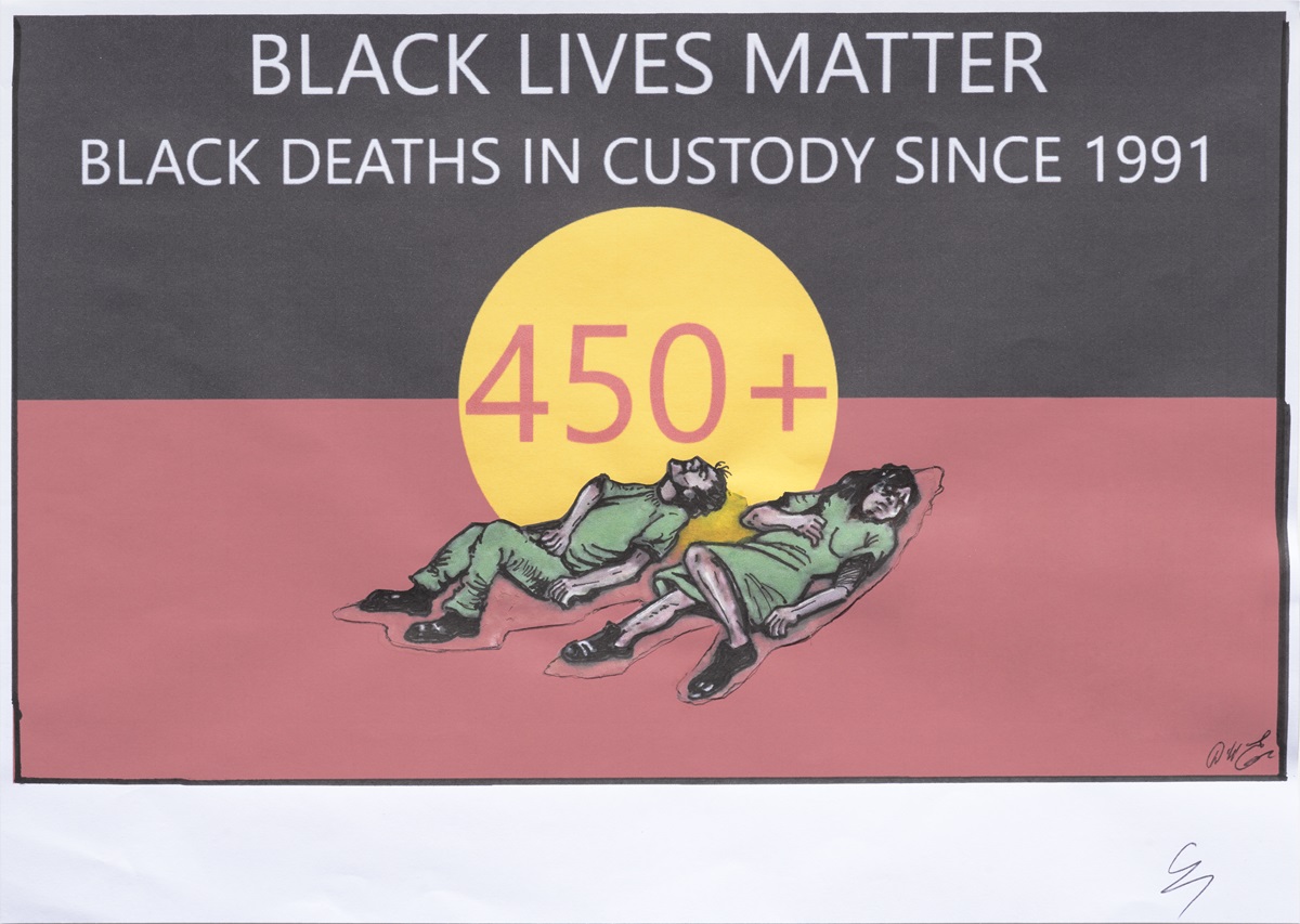 Two inmates lie dead on the Aboriginal flag. Text reads: 'Black Lives Matter. Black deaths in custody since 1991' with '450+' inside the centre yellow circle on the flag. 