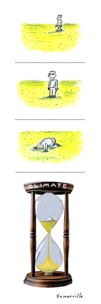 Four panels. A man walks, then sticks his head in the sand. The next panel shows him an hourglass called 'Climate'.