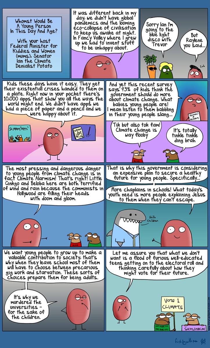 Multiple panels with 'Senator Ian the Climate Denialist Potato' disputing young people's issues in today's society, such as climate change.